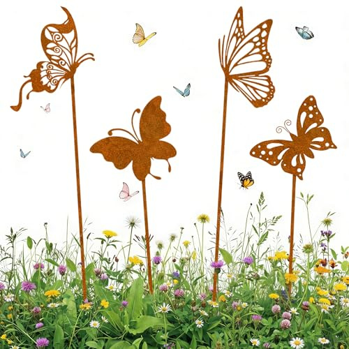 Gartenstecker Rost, 4 Stück Schmetterling Gartendeko, Gartenstecker Metall Schmetterling Garten Deko für Draußen, Rostige Frühlingsdeko, Blumenstecker Rostdeko für Terrassen Blumentopf Balkon