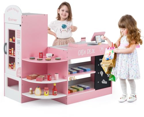 GOPLUS Kinder Kaufladen, Supermarkt aus Holz, Kaufmannsladen mit mit Kasse, POS-Automat & Verkaufsautomat, Einkaufsladen Rollenspiele mit 15 Zubehör & Tafel für Kinder von 3-8 Jahren (Rosa)