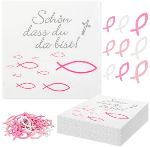 40 Stück Servietten Rosa mit Fischmotiv Schön, dass du da bist! und 45 Stück Holz Fische Deko in Rosa, Altrosa & Weiß Tischdeko für Kommunion, Taufe, Konfirmation, festliche Anlässe, 33 x 33 cm