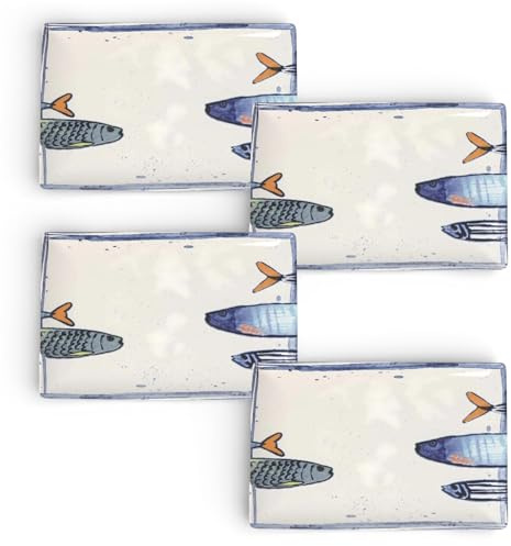 Teller im mediterranen Design mit Sardinen-Motiv 2.0 | Maritime Speiseteller, Suppenteller, Dessertteller, Servierplatten, Bowls - robust, Steinzeug, glattes Finish (4er Set Servierplatte (30x 20cm))