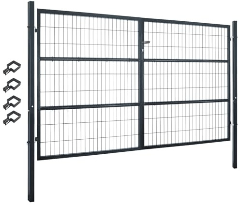 Gartentor Tor 300 x 160 cm Gartenzaun Zaun Doppelflügelig Gartentür aus Metall für Stabmattenzaun Abschließbar inkl. Pfosten Grau V2Aox