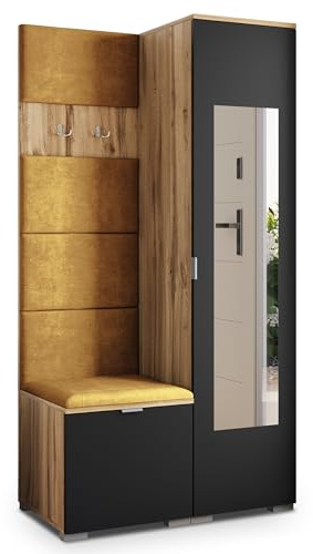 Masseno Flugarderoben Set VIRA, Kleiderschrank-Set mit Spiegel und Sitzbank, Garderobenschrank Flur mit 3 Regalböden, Eiche Wotan/Schwarz