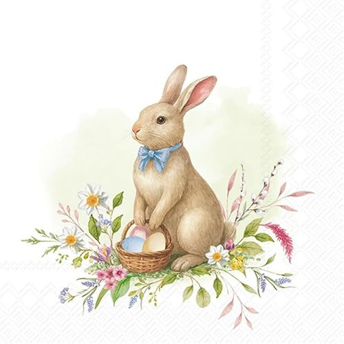 20 Servietten Ostern Hase steht auf Blumen als Tischdeko. Papierservietten mit Motiv. Auch für Decoupage und Serviettentechnik 33x33cm