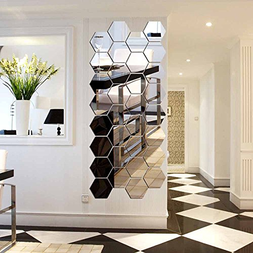 12 Stück Spiegelfliesen Selbstklebend, VIGORFUN Hexagon Spiegel Wandspiegel zum Wanddekoration (12 Stück, Silber)