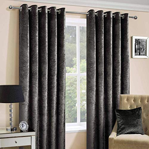 HOMESCAPES Dark Grey Crushed Velvet Lined Curtain Pair 66 x 72 Inch Drop (167 x 182 cm) Luxury Heavy Weight Contemporary Neutral Eyelet Curtains