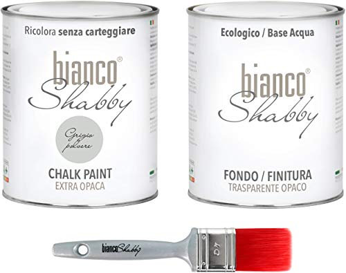 CHALK PAINT Grigio Polvere & FINITURA + PENNELLO - Pittura Shabby Chic EXTRA OPACA (1 Litro) + Finitura Trasparente Opaco (1 Litro) + Pennello Pro 40 mm