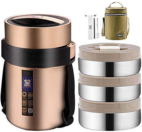 Q&Z Frasco TéRmico Comida De Acero Inoxidable,Premium Contenedor Aislado Lonchera Termo 2.2L 3 Capas Con Bolsa Y Cubiertos Para BebéS Comida Sopa