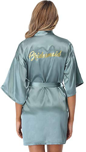 Vlazom Women's Satin Kimono Robe Bridesmaid Party Robes, Bride Morning Robes with Gold Glitter B-dark Green for Bridesmaid,M(UK 10-12)