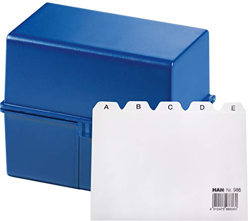 HAN Karteikartenbox DIN A6 für 400 Karteikarten im Querformat/Aufbewahrungsbox aus Plastik mit Deckel & Stahlscharnier/für Schule & Büro (Blau + Register A-Z)