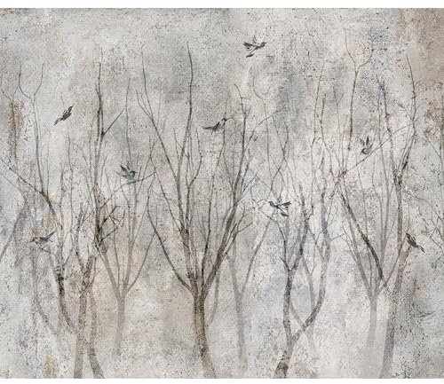 decomonkey - Papier Peint Panoramique Arbre Oiseau 350x256 cm - Décoration murale moderne – Tapisserie décorative pour chambre salon - Des arbres paysage forêt oiseaux hiver