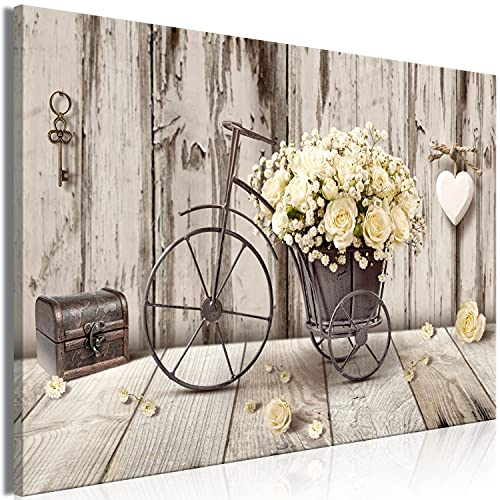 murando - Wandbilder Blumen 60x40 cm Leinwandbild 1 tlg Kunstdruck modern Wandbilder XXL Wanddekoration Design Wand Bild - Holz Optik Rose Fahhrad n-C-0291-b-a