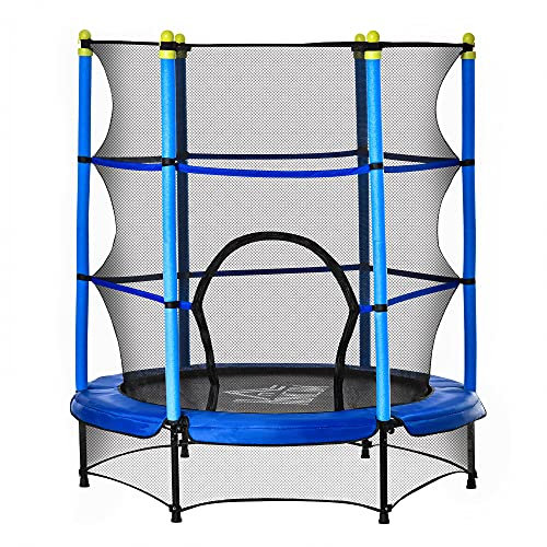 HOMCOM Trampoline Enfant Ø 1,40 × 1,60H m Filet de sécurité Porte zipée Couvre-Ressorts 6 poteaux rembourrés Inclus Bleu