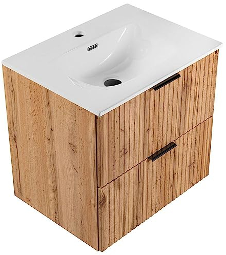 Lomadox Badmöbel Waschtisch Set 61cm mit Keramik Waschbacken, Unterschrank Wotaneiche mit gerilllter Front, Badschrank mit 2 Softclose-Auszügen, B/H/T ca. 61/58,5/46 cm