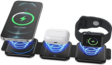 Ankilo 3 in 1 Magnetic Foldable Wireless Charger, Wireless Charging Station for Travel, Compatible with iPhone 14/Pro/Max/13/12, Apple Watch, AirPods Pro, Black