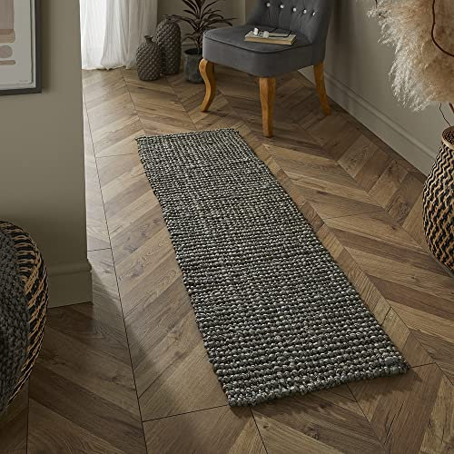 NATURELLE Jute Rug for Living Room - 100% Natural Rug, Hand Braided Living Room Rug - Sustainable Home Decor, Low Pile Neutral Rug for Living Room, Lounge and Hall - Rectangle Rug, Grey 45x150cm