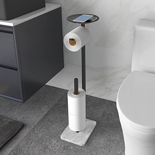 FEILERN Toilet Paper Holder Stand for Bathroom Floor Standing Toilet Roll Dispenser Storages 4 Reserve Rolls, with Top Storage Shelf for Cell Phones, Wipe, Wallet and More(Marble Black)