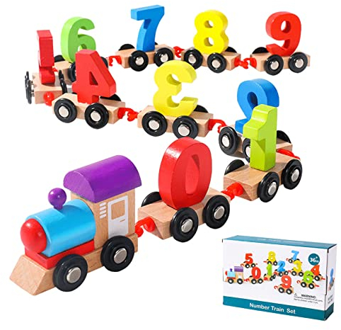 Holzzug Spielzeug, Wooden Numbers Train Toy, Montessori Spielzeug Holz, Holz Geburtstagszug, Children's Wooden Train with Numbers 0-9, Lernspielzeug für Jungen und Mädchen Ab 2 Jahren