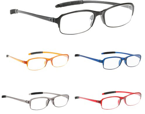 PROFLEX SpareSpecs Reading Glasses (value 5 pack) - lightweight, impact resistant, scratch resistant, bendy, flexible, anti-slip, unisex (mens + womens) (black, grey, brown, red, blue; oval; +3.5)
