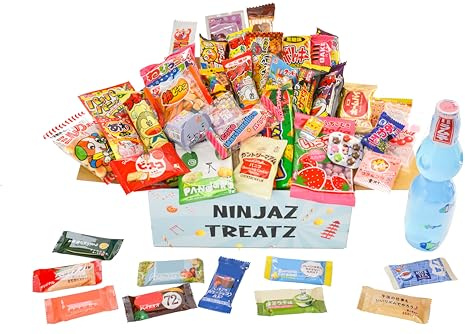 51 Japanese Snacks Box 40 Japanese Candy and 10 Japanese Chocolate bar assortment 1 Ramune bottle