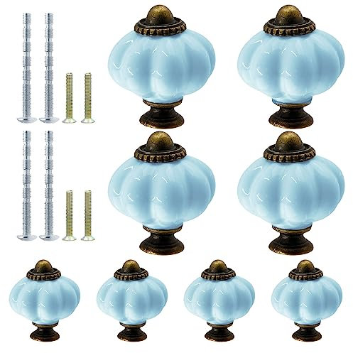 suiwotin 8 Stück Keramik-Kürbis-Knäufe, hellblaue Keramikknöpfe, Vintage-Kommodenknäufe, Retro-Knöpfe, dekorative Schubladenknöpfe für Schminktisch, Schrank, Möbel