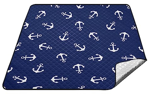 YOUJUNER Picknickdecke 200 x 200 cm Marineblau Anker Muster Große Picknickmatte Wasserdichte Stranddecke Outdoor Teppich Camping Matte