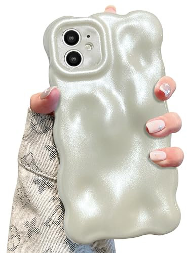 UEEBAI Case for iPhone 12 6.1 inch, Cute Solid Color Curly Wave Shape Shockproof Soft TPU Bumper Phone Case, Candy Color Water Ripple 3D Silicone Slim Pretty Case Non-yellowing Cover, Pearl White