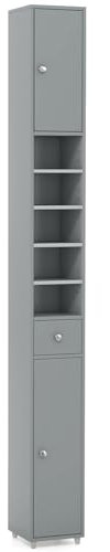 COSTWAY Slim Bathroom Tall Cabinet, Freestanding Storage Cupboard with 2 Doors, 1 Drawer & Adjustable Shelves, Wooden High Floor Cabinet Unit for Bathroom Living Room Kitchen, 20x20x180cm (Grey)