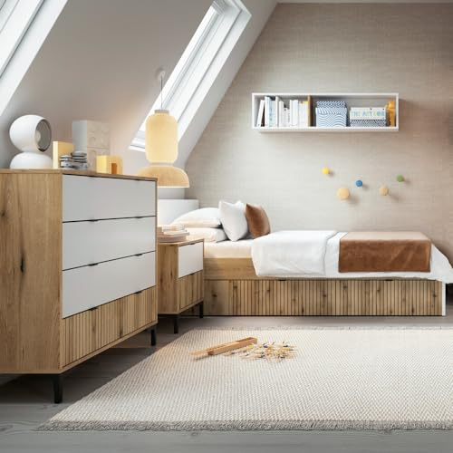 Lomadox Jugendzimmer Komplett Set 4-teilig mit Kommode, Nachttisch, Wandregal und Bett 120x200 cm in Eiche mit weiß