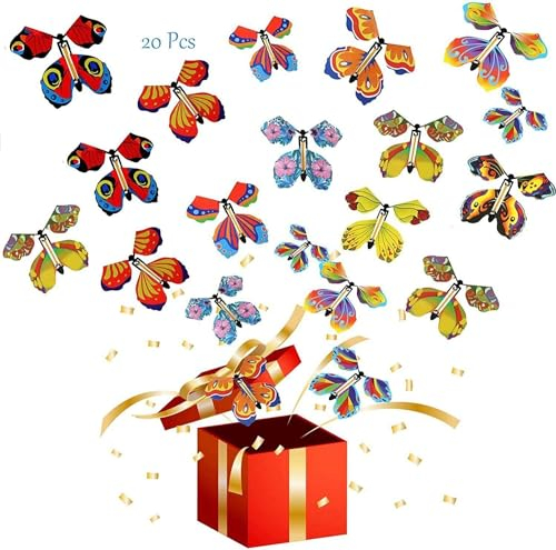 20 Pieces Magic Flying Butterfly, Clockwork Butterfly Card, Rubber Band Powered Butterfly Magic Fairy Flying Toy for Birthday Gifts, Performance Props, Children Surprise Gifts (Random Color)