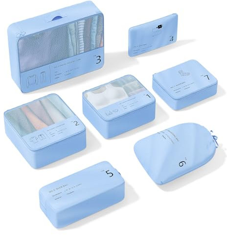 Koffer Organizer, Yomisee Packing Cubes 7 Teilige Koffer Organizer Set Packwürfel Set Reise Kleidertaschen Travel Organizer Packtaschen für Koffer (Blau)