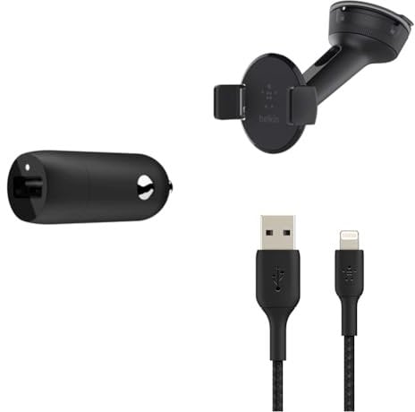 Belkin Premuim Car Bundle(Quick Charge USB Car Charger 18W & Lightning/USB 1m cable & Universal Mount)