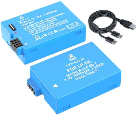 Homesuit LP-E8 Akku 2000mAh und 2-in-1 USB-C-Ladekabel für Canon EOS Rebel T2i, T3i, T4i, T5i, EOS 550D, 600D, 650D, 700D, Kiss X4, X5, X6, LC-E8E Kamera (2er-Pack)
