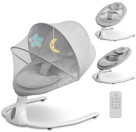 Electric Baby Swing Chair, Baby Bouncer Chair with Bluetooth Music Player & Remote Control & 4 Speeds & 4 Timers, Removable Seat Cushion for All Seasons