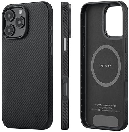 PITAKA Military-Grade Protective iPhone 16 Pro Max Case - Magnetic Full-Wrapped Shockproof Protection Case Made from Aramid Fibre and TPU - Black/Grey(600D)