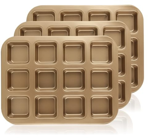 LDXDRU Brownie-Kuchenform mit 12 Löchern, antihaftbeschichtet, Karbonstahl, Mini-Kastenform, quadratisch, für Käsekuchen, Mini-Kuchen, Ofen, Backen, 3 Stück