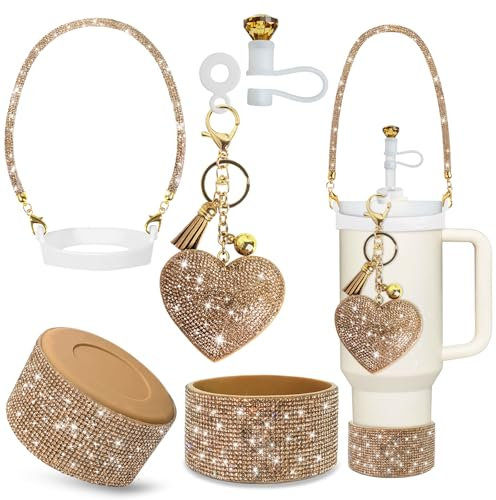 VirgoCCY 5PCS Stanley Cup Accessories Set 30&40 Oz, Includes 1 Diamond Glitter Silicone Boot, 1 Glitter Handle Strap, 1 Straw Covers,1 Straw Adapters Charm Blank with 1 Glitter Charms, Gold