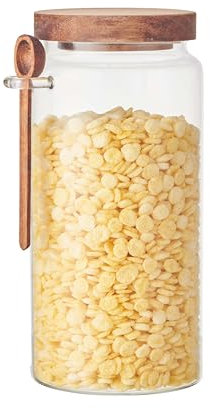 Eden & Willow Glass Kitchen Storage Jar with Acacia Lid and Wooden Spoon | Borosilicate Glass Food Canister with Spoon Holder | BPA-Free Mason Jar for Sugar, Spices, and Dry Foods (1, 1.2L)