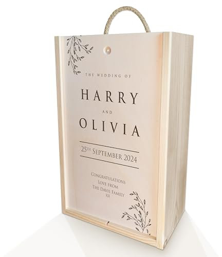 iCaseDesigner Engraved Personalised Wooden Double Wine Box for 2 Bottles with Slide Lid & Woodwool Filling - Wedding Flora