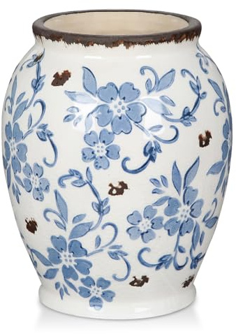 Arborus Vintage Vase 17,5 cm Blau und Weiß Porzellan Vase Keramikvase | Rustikale Blumenvase Blaugraues Porzellan Dekovase für Pampasgras Rosen Hortensie Lavendel Tupeln Landhausstil Deko im Zimmer