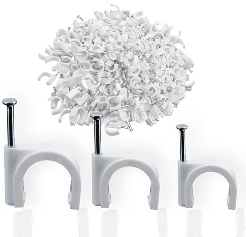 300 Pcs Grapas para Cables Redondo, Grapas Cable Pared, Clavos Fuertes, Duraderos, Blancos, Redondos,4mm,6mm,8 mm