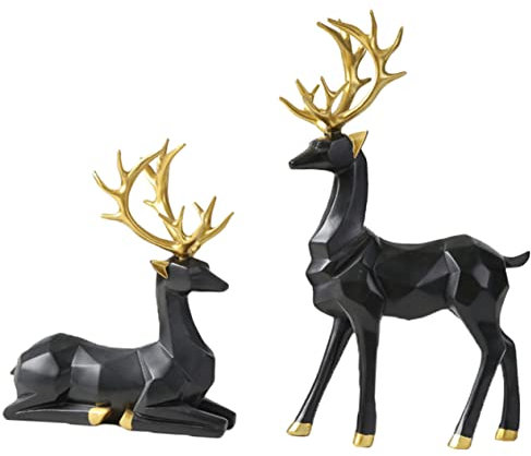 OSOLADY 2 Stück Hirschfigur Aus Modernem Schwarzem Metall Origami Rentier Deko Für Wohnzimmer Schreibtisch Und Couchtisch Minimalistische Weihnachtsdekoration Mit Stehender Und Liegender Figur