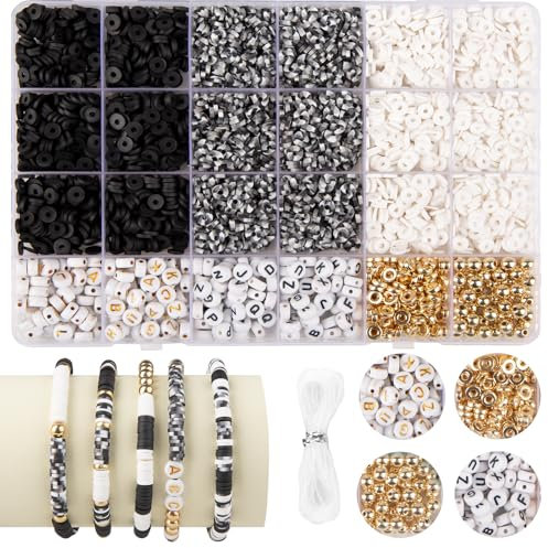 yumcute Armband Set Selber Machen, 3000 Stück Schwarz + Weiß Polymer Clay Perlen, 3 Farbe Schmuck Selber Machen Set, 6mm Clay Beads für Die Herstellung von Armbändern, Halsketten und Ohrringen