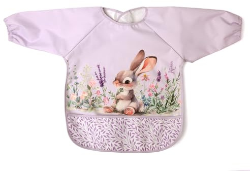 Kiokids | Babero Impermeable Con Mangas | Colección Dolci Amici | Incluye Bolsillo Recogemigas | 100% PEVA Suave y Cómodo | Ideal para Comidas, Manualidades y Guardería | Conejo y Lavanda
