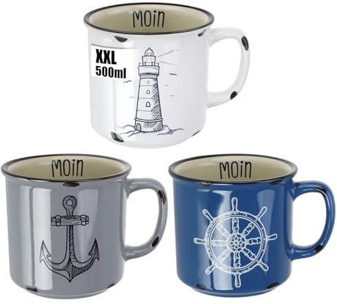 com-four® 3x XXL Kaffeebecher aus Porzellan - 500 ml Trinkbecher - Maritime Kaffeetassen für zu Hause und Büro - Kaffeepott für Kalt- und Heißgetränke (3 Stück - weiß/blau/grau)