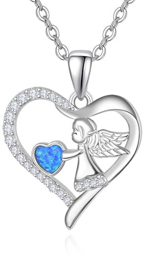 TANGPOET Schutzengel Halskette 925 Sterling Silber Engelsflügel Halskette Herz Blauer Opal Anhänger Geburtstagsschmuck Geschenke für Frauen