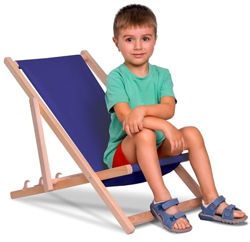 DreamRoots Kinder Liegestuhl Holz klappbar Outdoor, Royal | Klappbarer Campingstuhl, faltbar, für Garten & Strand, bis 130 kg, waschbarer Bezug, 100% Polyester, UV-beständig