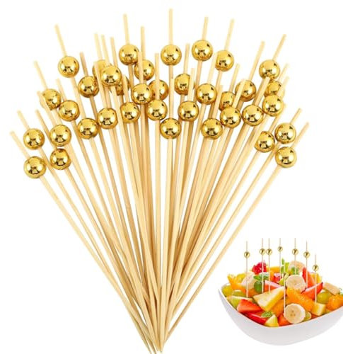 BOBOZHONG 100 Pcs Palillos para Cócteles de Bambú - 4.7 Pulgadas (12 cm) con Perla Dorada - Brochetas para Aperitivos, Frutas, Sándwiches -Resistentes - Decoración Fiestas, Bodas, Cumpleaños (Oro)