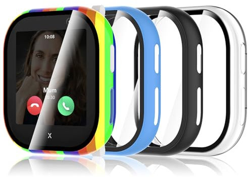 Simpeak 4-Stück Schutzhülle Kompatibel mit Xplora X6 Play Kids Gen 1, PC Harte Hülle Kratzfest Gehäuse mit Gehärtetem Displayschutz Anti-Fall Schutz Zubehör, Transparent, Schwarz, Blau, Regenbogen