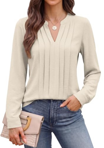 Cuptacc Womens Blouses Long Sleeve V-Neck Tunic Tops Women Fall Elegant Chiffon Business Work Clothes Apricot, XX-Large XXL 24-26