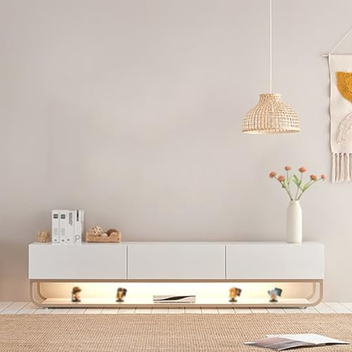 Mueble de TV Moderno de Madera Maciza con 3 cajones, luz LED, Consola de Medios de Suelo para salón, Centro de Entretenimiento con Almacenamiento, Base metálica.(White,160x42x42CM/63x16.5x16.5IN)